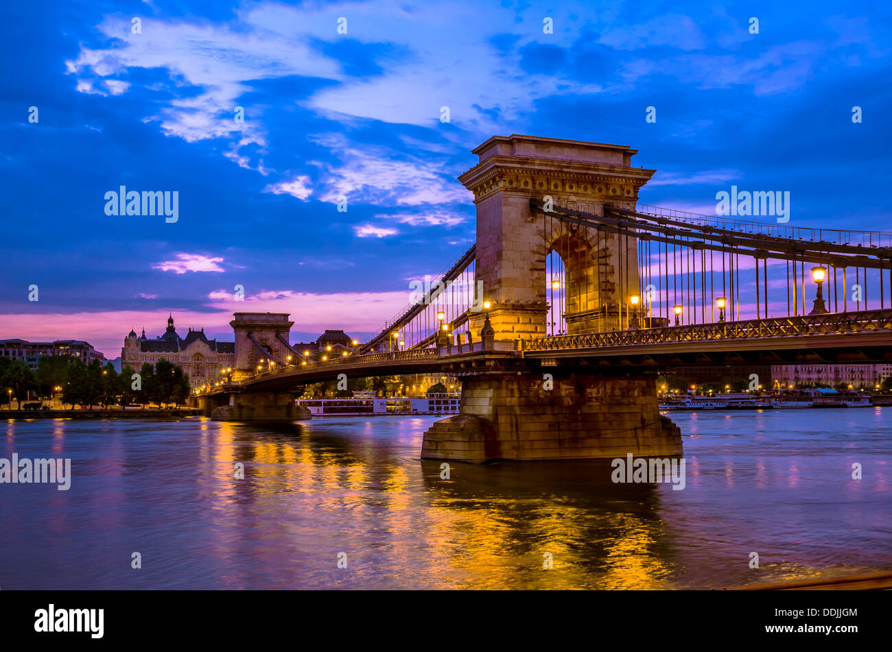 Szechenyi Chain Bridge is a suspension that spans the River Danube between Buda and Pest, in Budapest, the capital of Hungary Stock Photo