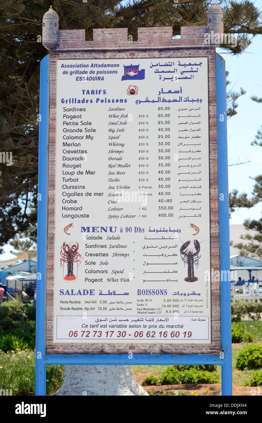 Fish price list Fish market Essaouira Morocco Africa Stock Photo