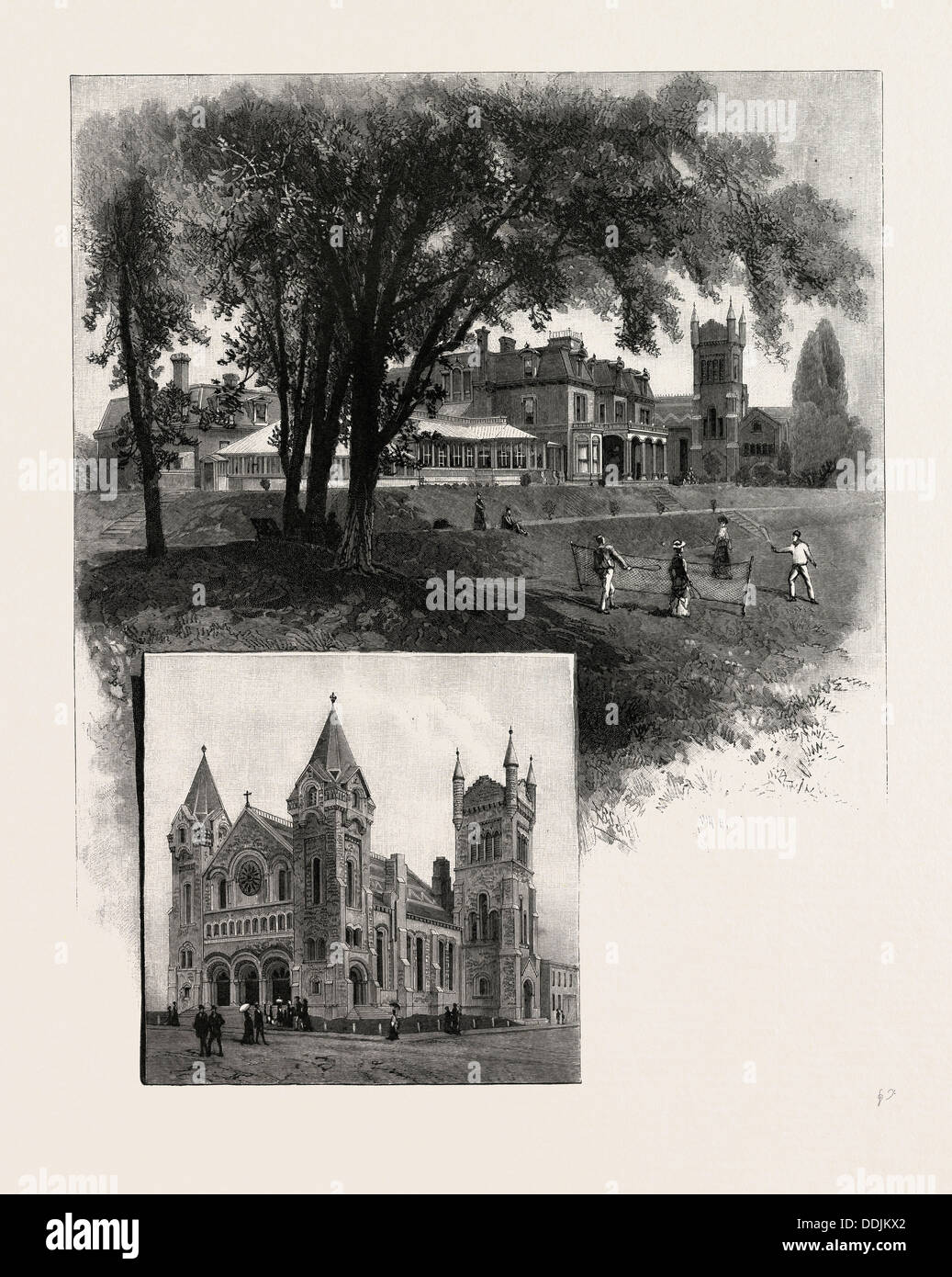 LIEUTENANT-GOVERNOR'S RESIDENCE (TOP); ST. ANDREW'S CHURCH (BOTTOM), TORONTO AND VICINITY, CANADA, NINETEENTH CENTURY ENGRAVING Stock Photo