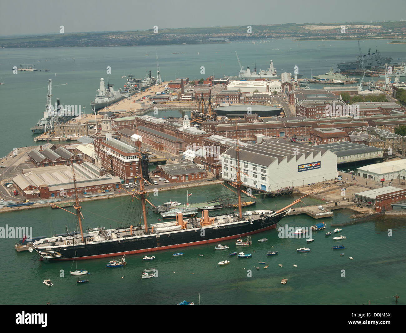 View from the Spinnaker Tower Portsmouth Hampshire England UK looking down on Portsmouth's naval dockyard and HMS Warrior Stock Photo