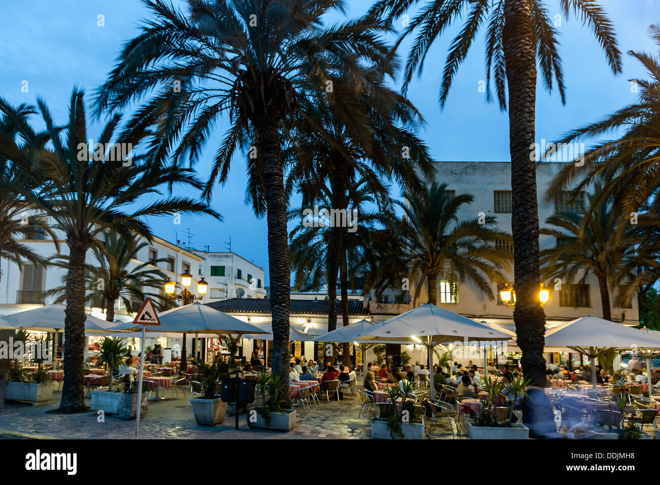 Spain, Baleares island, Ibiza town , Restaurants outdoor in the evening , Spain, Baleares island, Stock Photo
