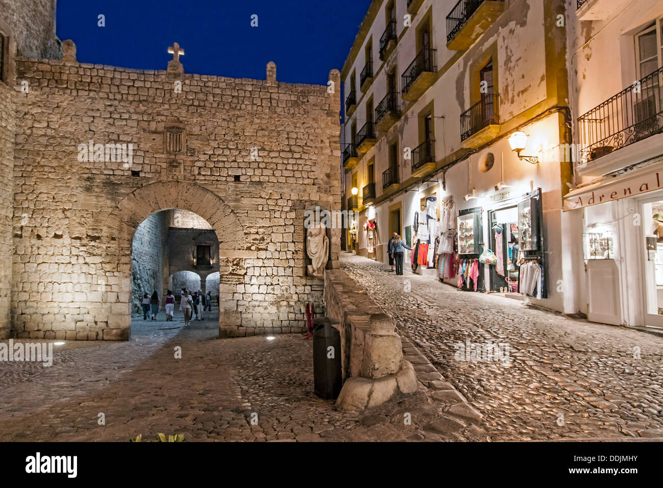 Ibiza town at twilight, Dalt Vila , Arch, Shops, Spain, Baleares island, Stock Photo
