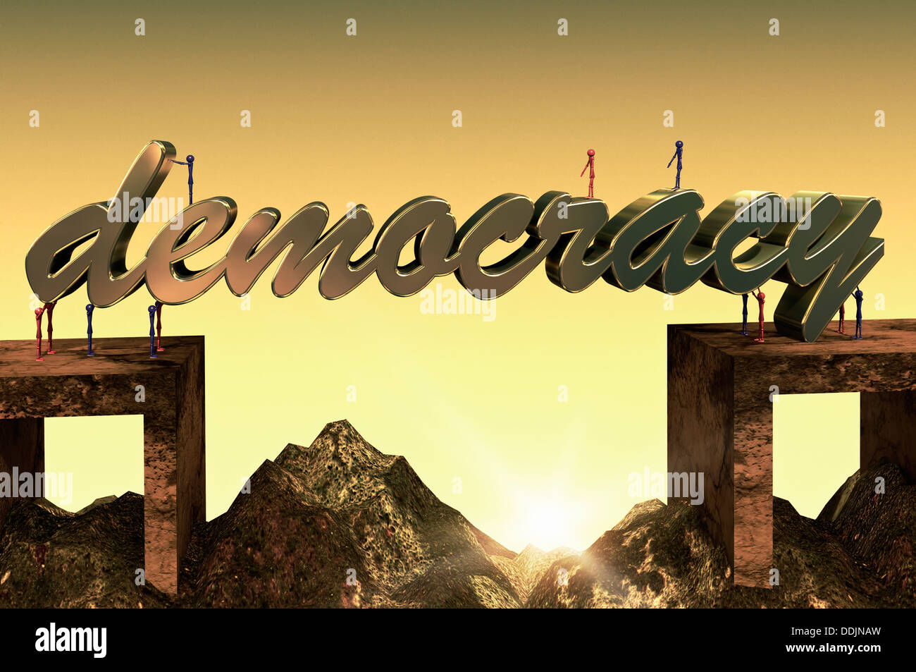 Illustration of the word Democracy in 3d, background a bridge in a landscape. Stock Photo
