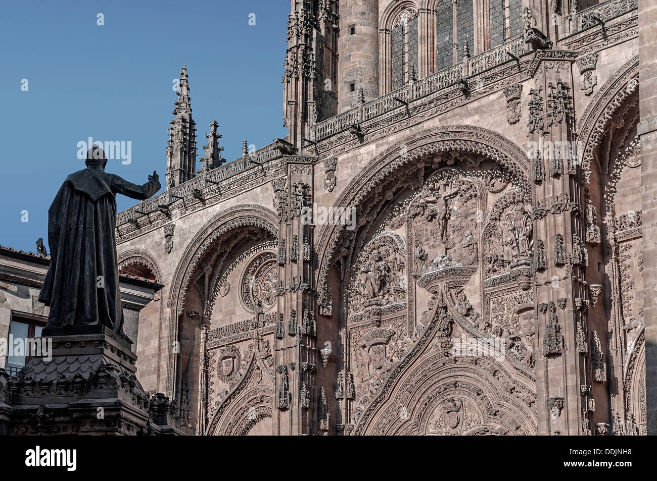 bishop statue and main facade to the new Cathedral, Salamanca city, Castilla y Leon, Spain Europe Stock Photo