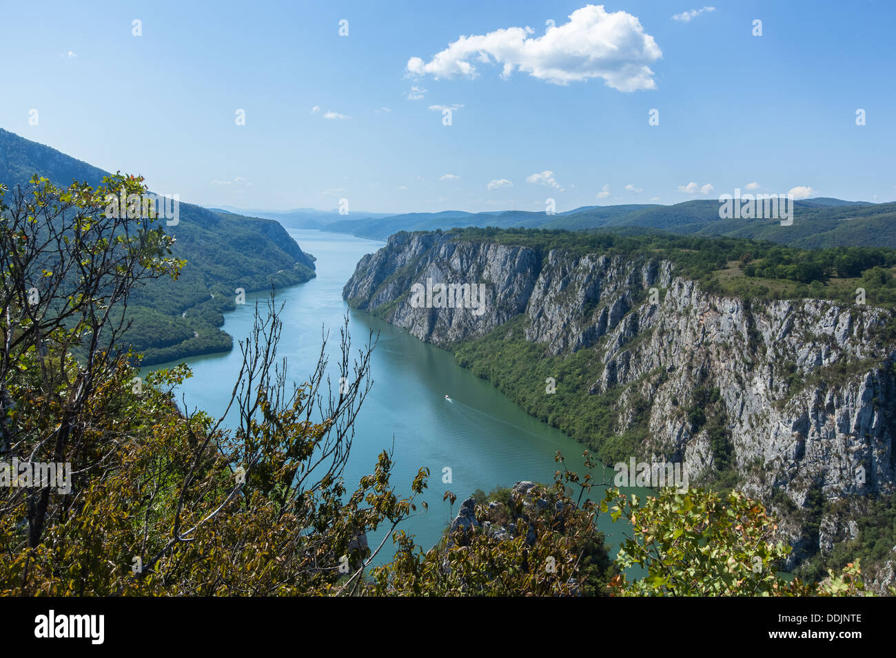 Danube gorge 'iron gate' on the Serbian-Romanian border. The Djerdap Gorge is one of the largest gorges in Europe. Stock Photo