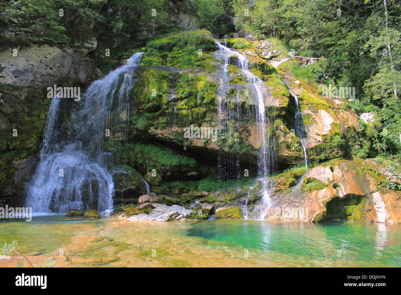 Alpine waterfall of Soca valley, Gljun stream, Alpe Adria Trail, Juliana Walking Trail, Julian Alps, Slovenia, Central Europe Stock Photo
