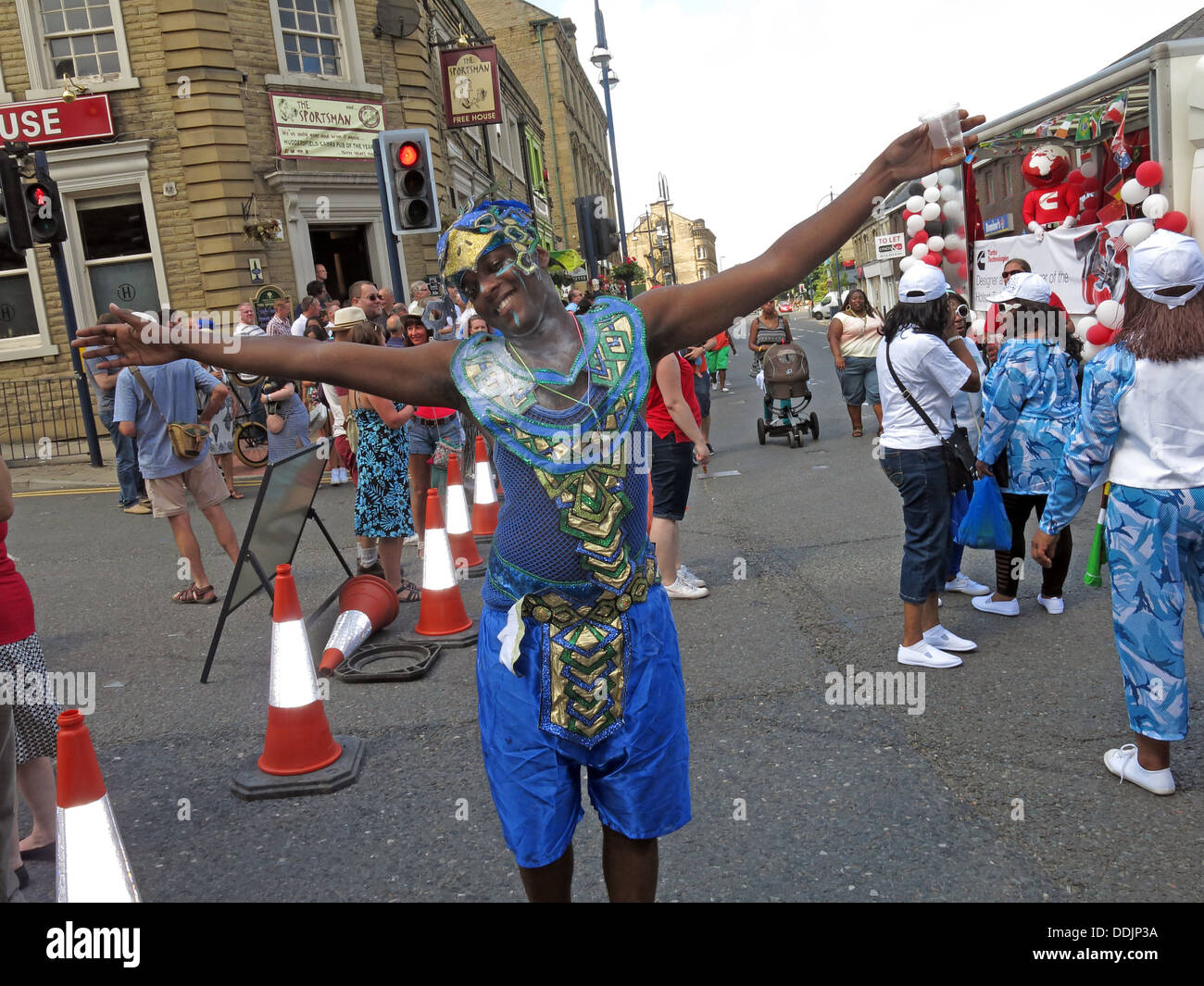 Costumed dancers from Huddersfield Carnival 2013 African Caribbean parade street party Stock Photo
