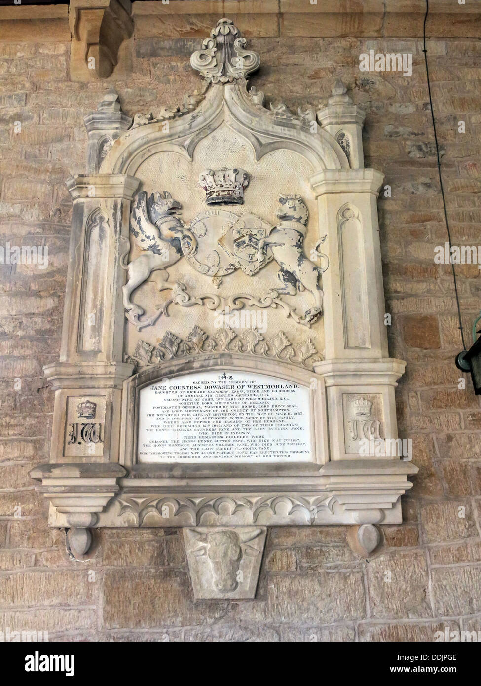 Memorial to Jane, Countess Dowager of Westmorland ( 1857). Buried at Aperthorpe, Brympton d'Evercy,  St Andrew ,nave, Near Yeovil, Somerset, South We Stock Photo