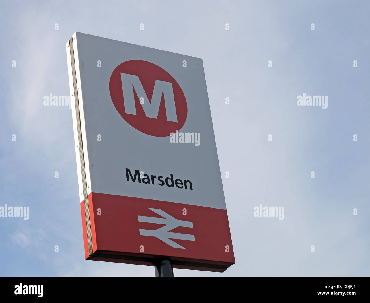 Marsden railway station sign on the Northern train line from Stalybridge to Huddersfield stop for the Riverhead brewery tap pub Stock Photo