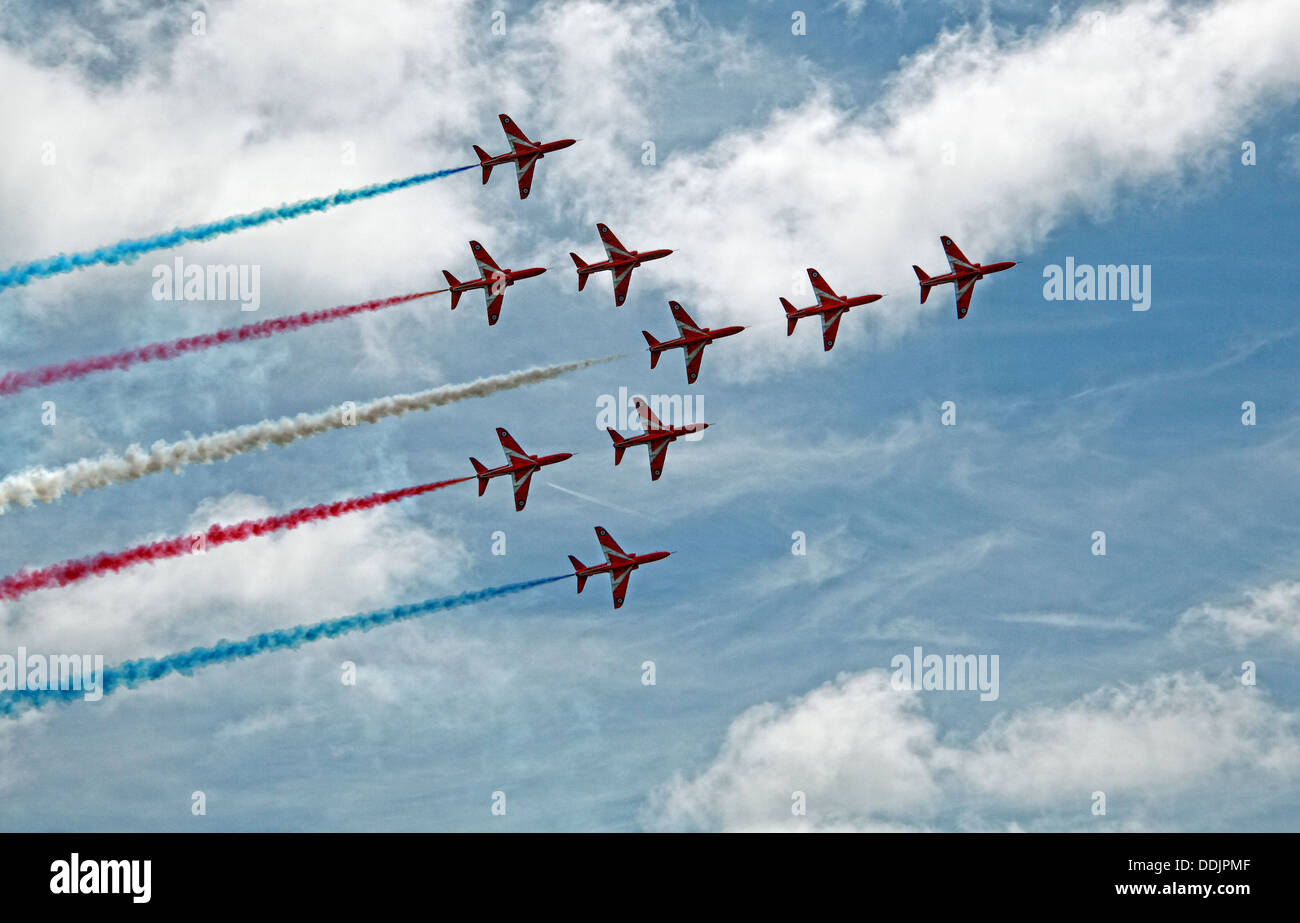 Red arrows Aerial display in the sky at Siverstone British Grand Prix GP England UK 2013 Stock Photo