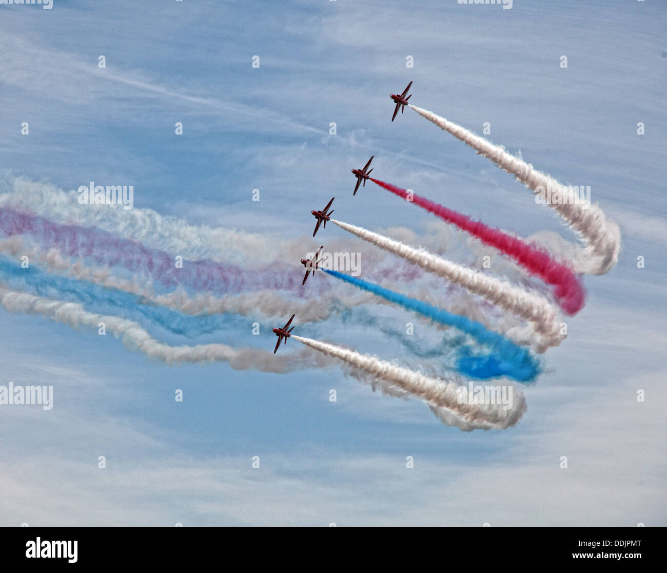Red arrows Aerial display in the sky at Siverstone British Grand Prix GP England UK 2013 Stock Photo