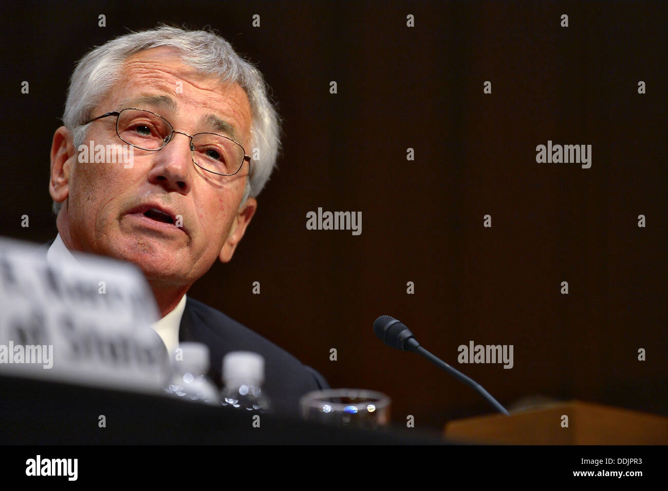 US Secretary Defense Chuck Hagel during a hearing on Syria before the Senate Foreign Relations Committee at the Senate Hart Office Building September 3, 2013 in Washington DC. During the hearing, Kerry, Hagel and Chairman of the Joint Chiefs Gen. Martin Dempsey discussed possible military intervention in response to the use of chemical weapons by Syria on their own people. Stock Photo