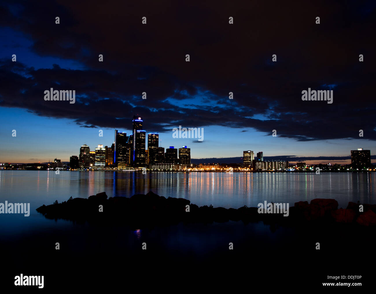 The Detroit Skyline at sunset viewed from Windsor, Ontario, Canada. Stock Photo