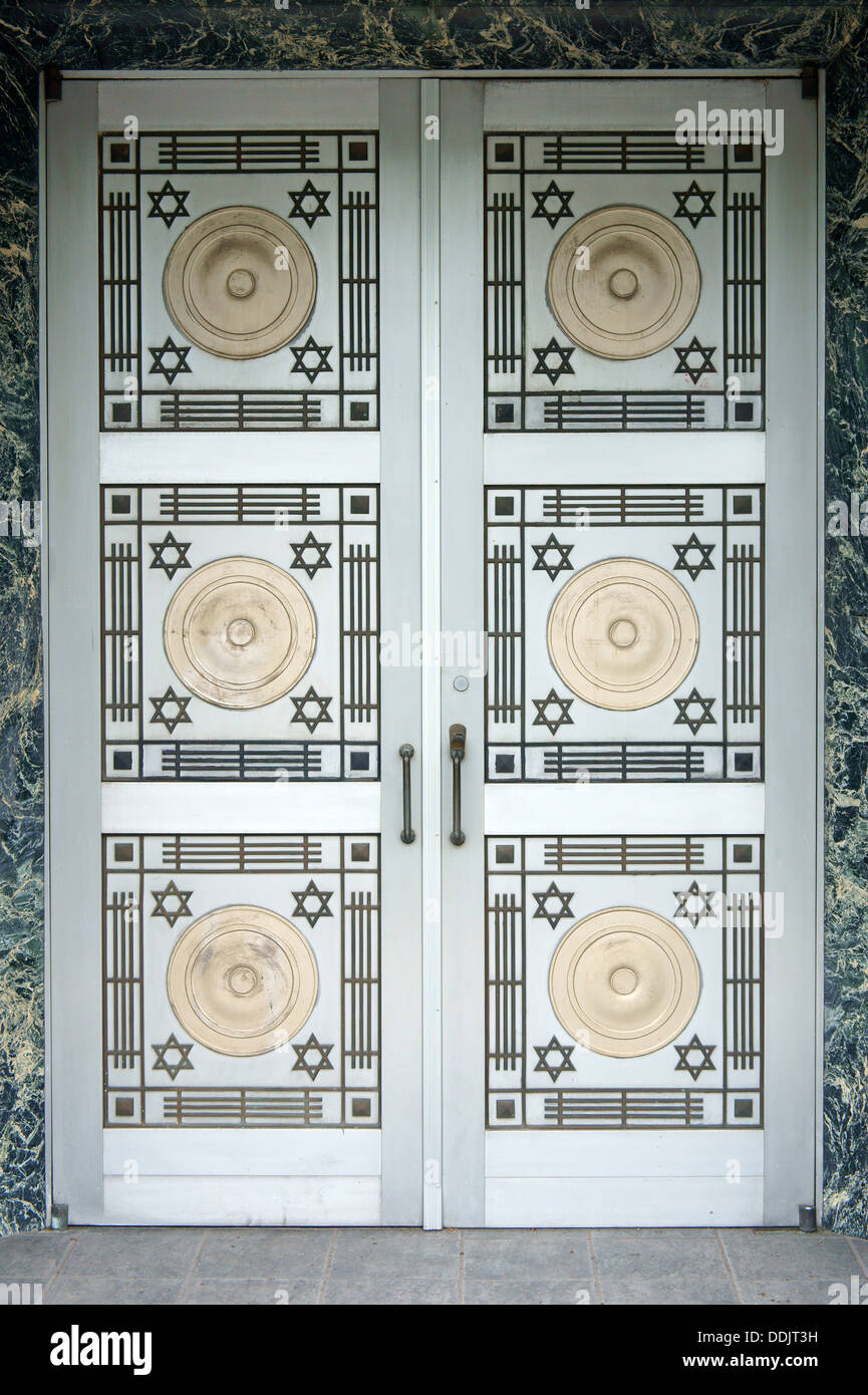 Jewish religious symbols on the door of the Congregation Schara Tzedeck synagogue in Vancouver, British Columbia, Canada Stock Photo