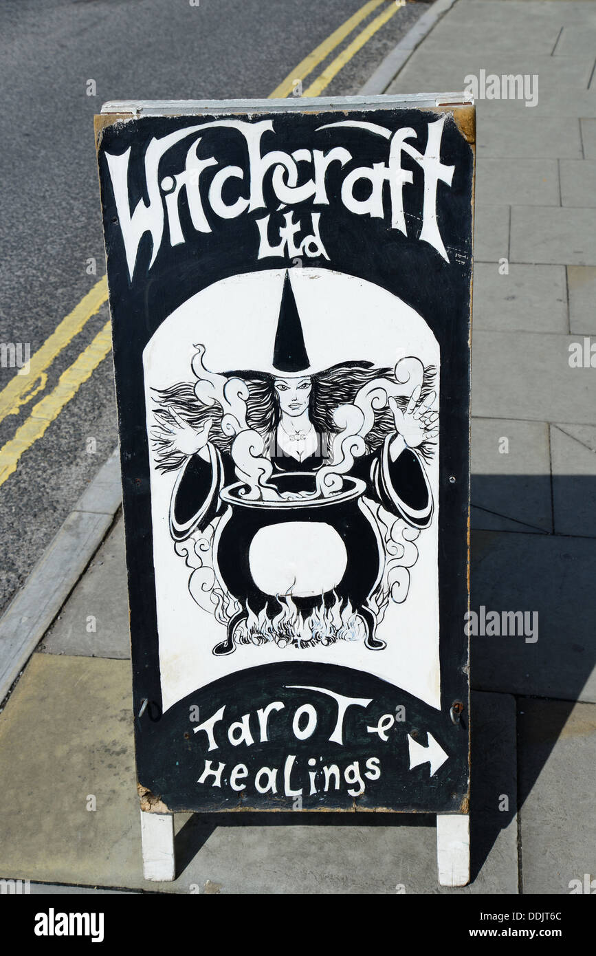 Sign outside Witchcraft shop on Market Place, Glastonbury, Somerset, England, United Kingdom Stock Photo