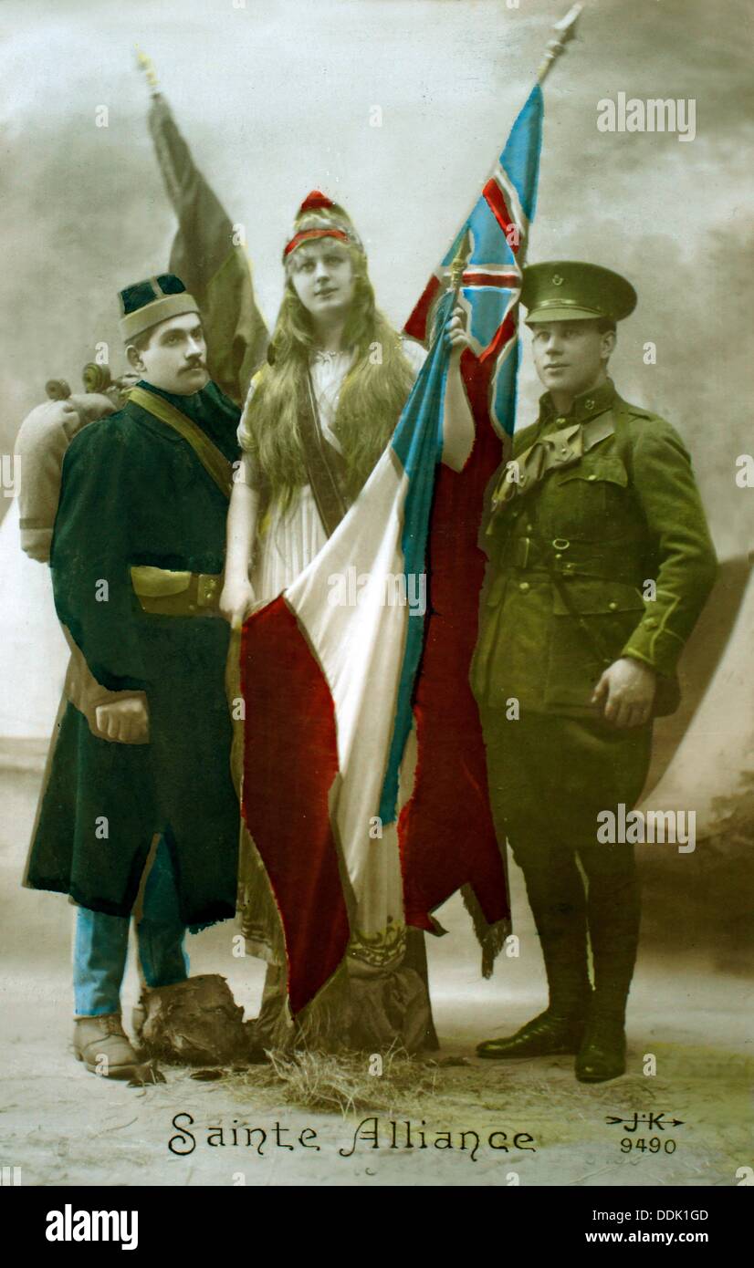 World War I (1914-1918) postcard (1915): Sainte Alliance between France and UK Stock Photo