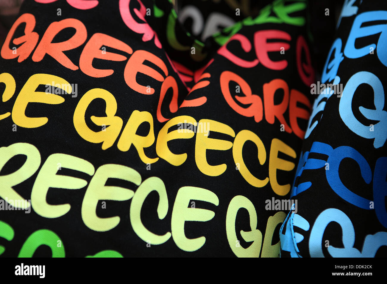 Greece in colourful words on a bag hanging up for sale Stock Photo