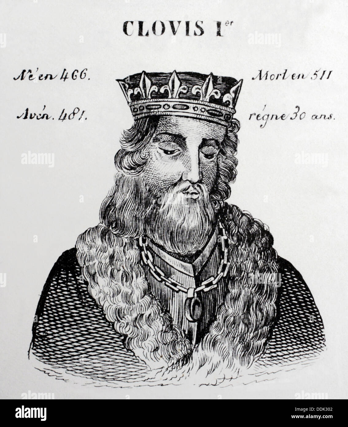 Clovis 1st, 5th king of France, from 481 to 511. History of France, by  J.Henry (1842) Stock Photo