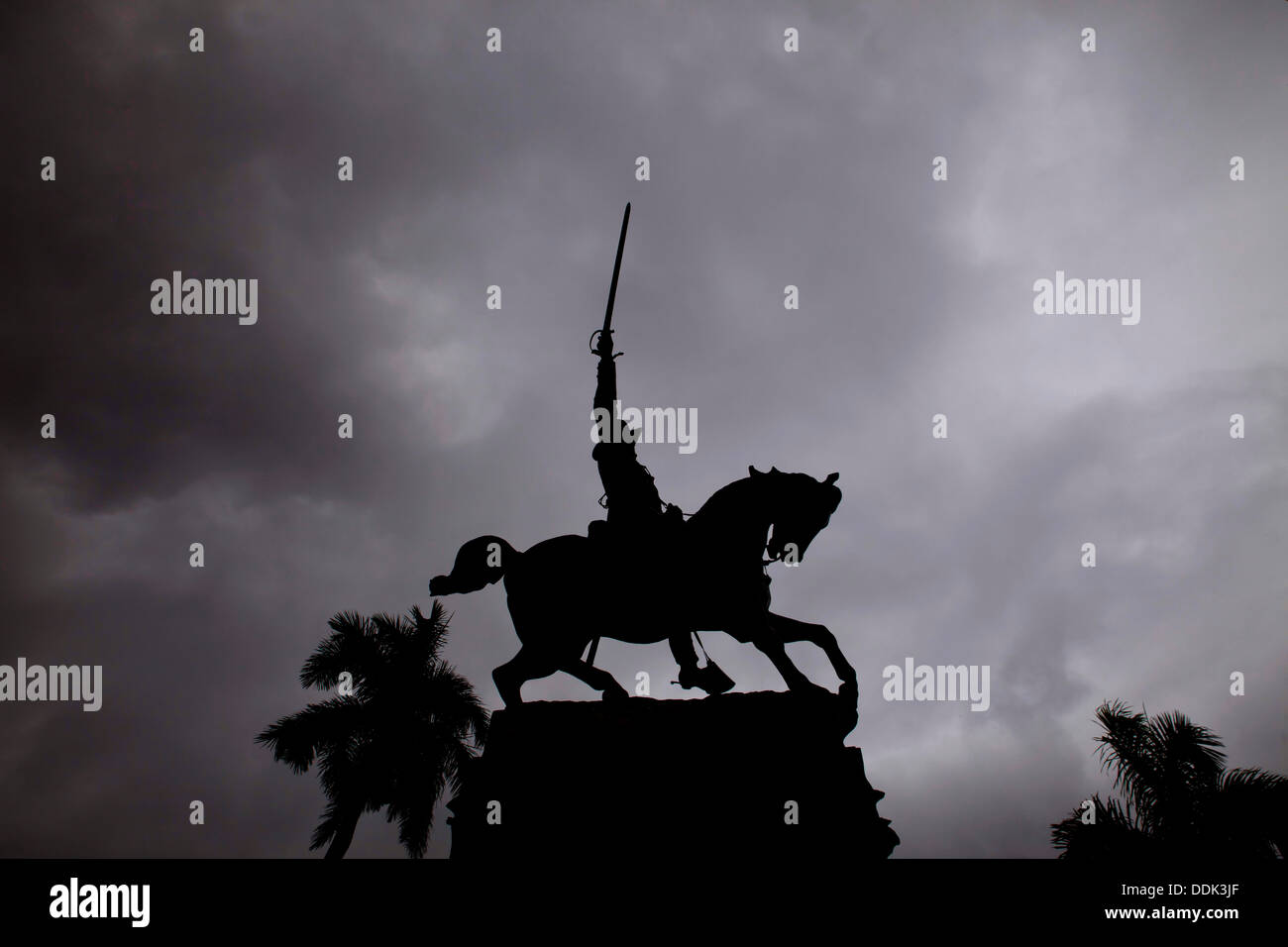 Silhouette of the equestrian statue in Camagüey, Cuba, Caribbean, Stock Photo