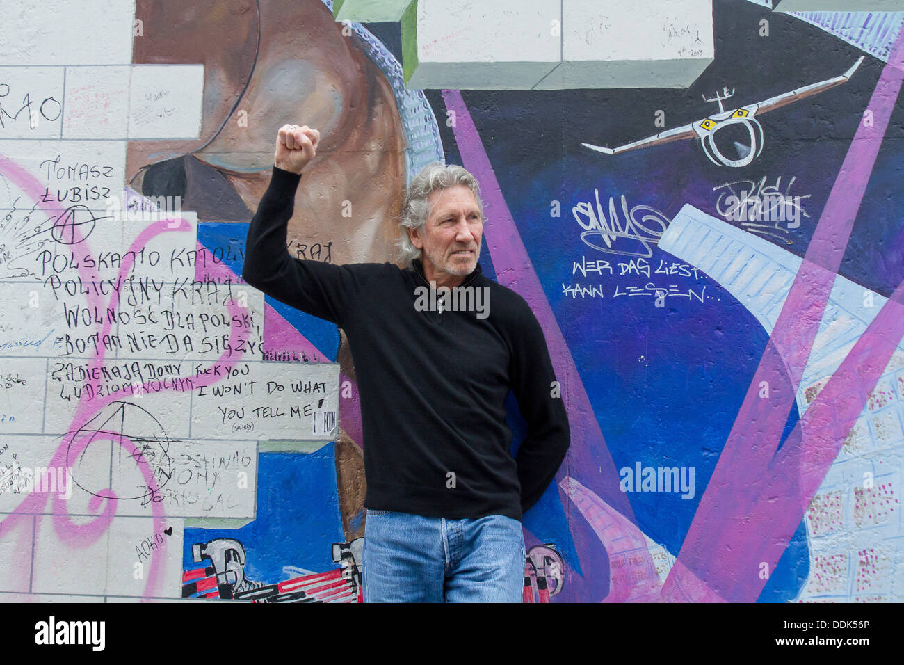 Berlin, Germany. 3rd Sept, 2013. Roger Waters supports the East Side Gallery protest. On 21 July 1990 on the occasion of the fall of the Berlin Wall, Waters organized a spectacular live concert performance of 'The Wall' at Potsdamer Platz in Berlin with many internationally known artists. At the same time, the American artist Lance Keller painted the cover image 'The Wal'l at the spot where the concert was held on the Berlin Wall, which later became the 'East Side Gallery'. © dpa picture alliance/Alamy Live News Stock Photo