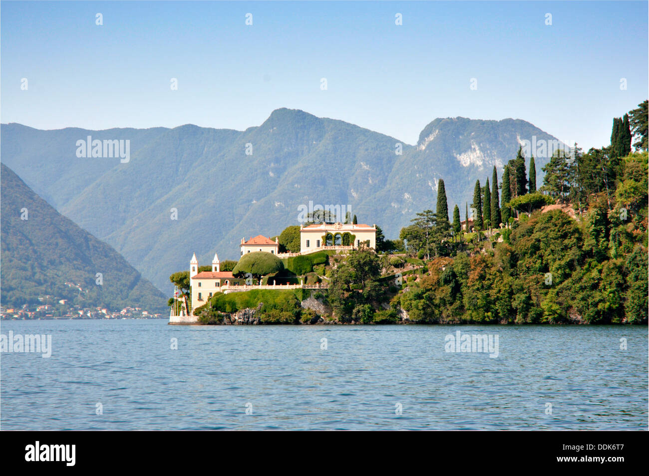 Italy - Lake Como - Lenno - Villa del Balbianello -  on the tip of Punta di Lavedo peninsula - lake view - mountain backdrop. Stock Photo