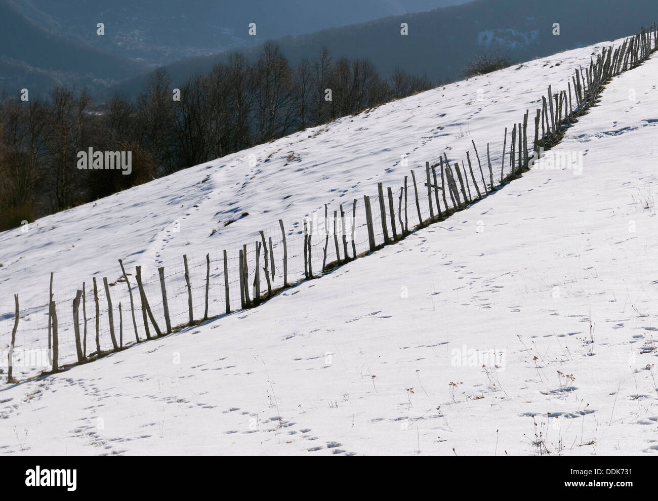 Wooden post with barbed wire fence on snowy mountain, Italy Stock Photo ...