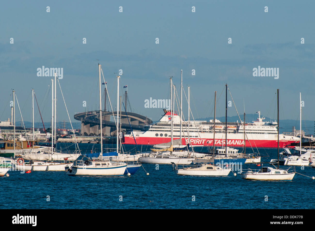 Operating Ro-Ro ferry service between Melbourne and Tasmania, Spirit of Tasmania is seen crossing Port Phillip Bay. Westgate Bridge in background. Stock Photo