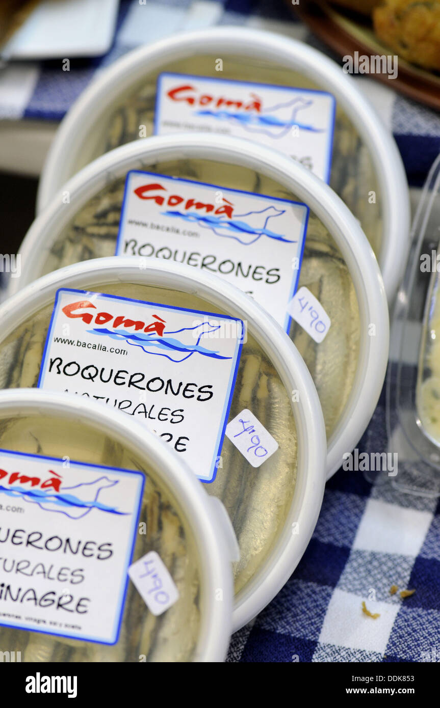 White anchovies in vinegar at La Boqueria market, Barcelona. Catalonia