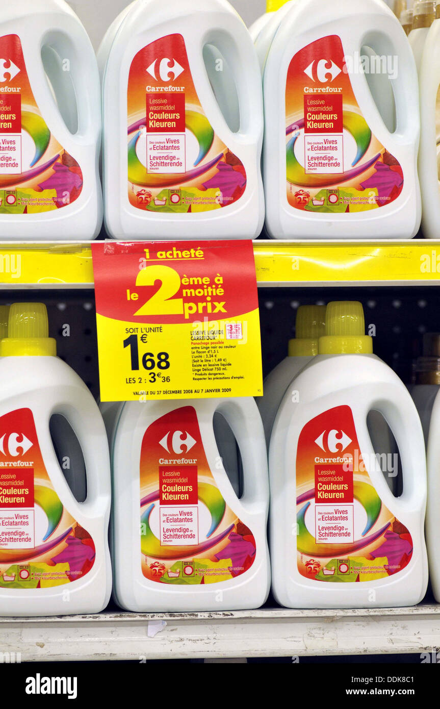 Liquid laundry detergent in a supermarket, France Stock Photo Alamy