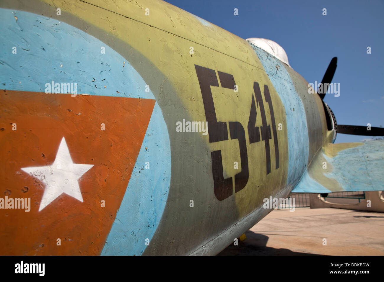 Fighter aircraft in cuban national colours at the Playa Giron (Giron beach) Museum at Bahia de Cochinos (Bay of Pigs), Cuba, Stock Photo