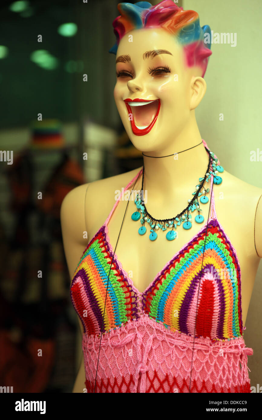 Clothing mannequin outside a clothes retailer shop in Greece Stock Photo