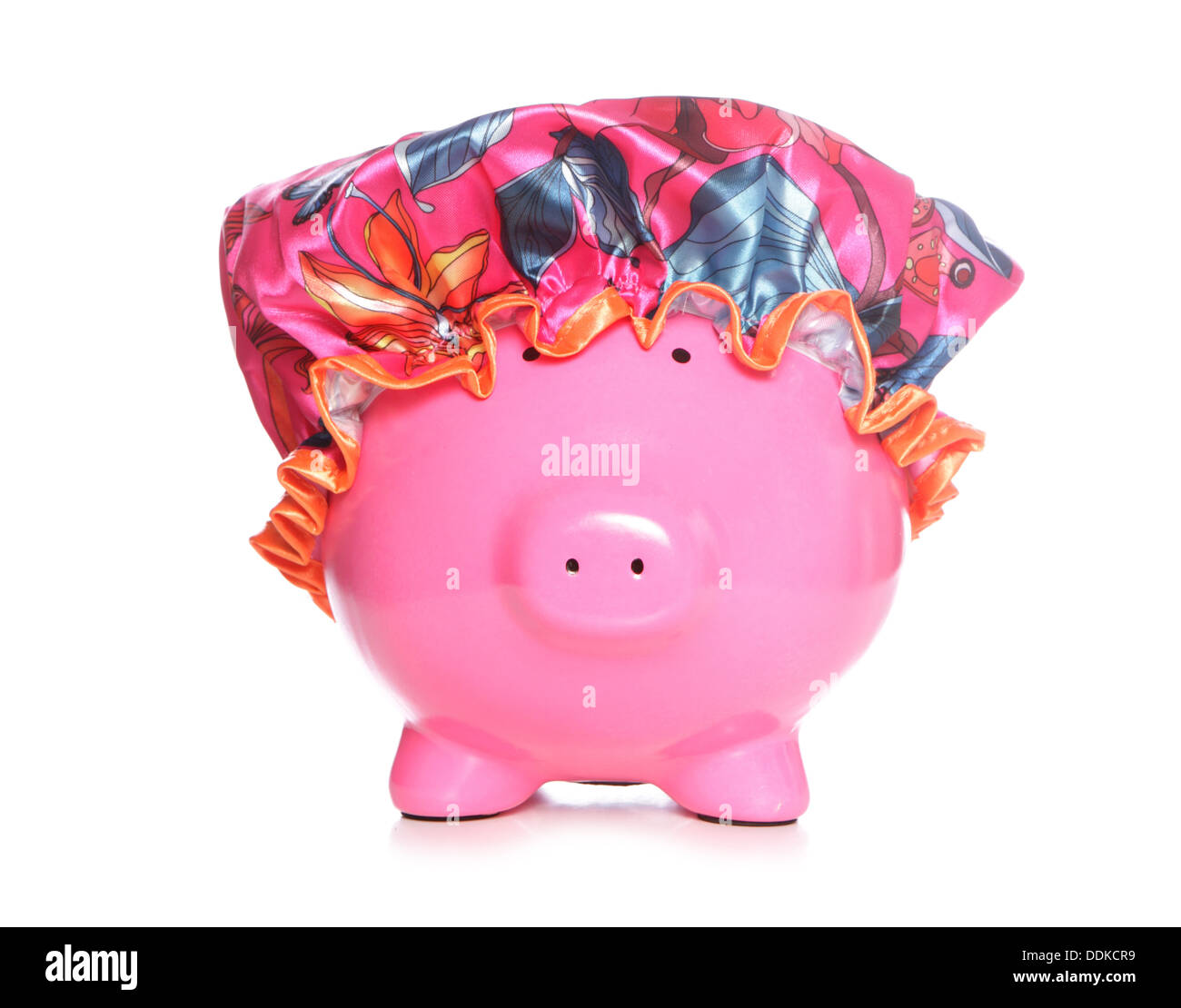piggy bank wearing shower hat on white background Stock Photo