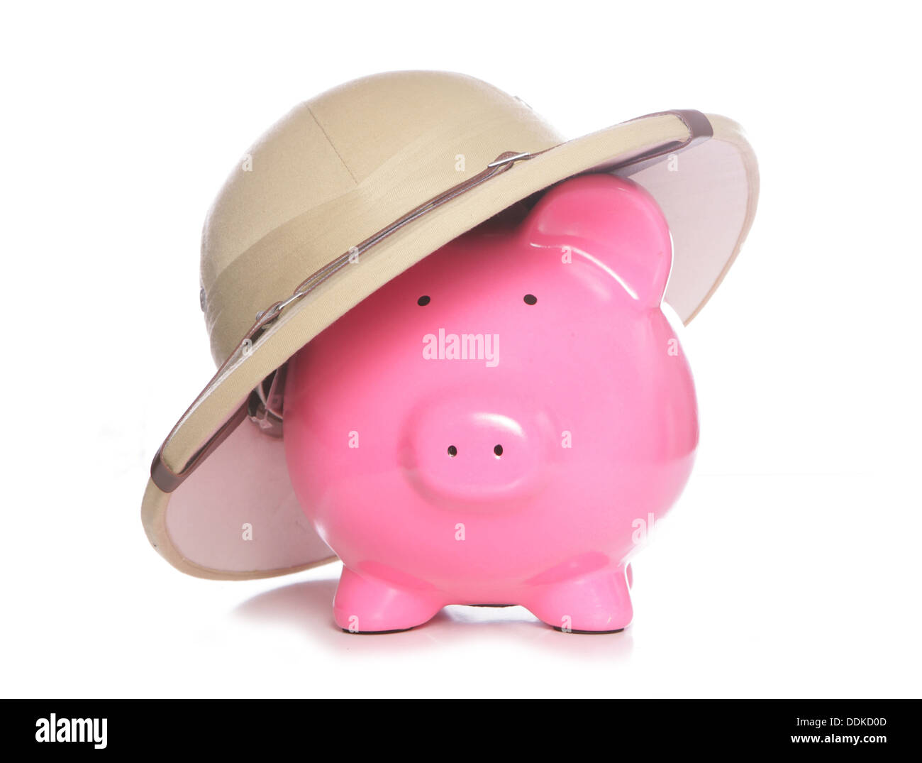 piggy bank wearing safari hat on white background Stock Photo