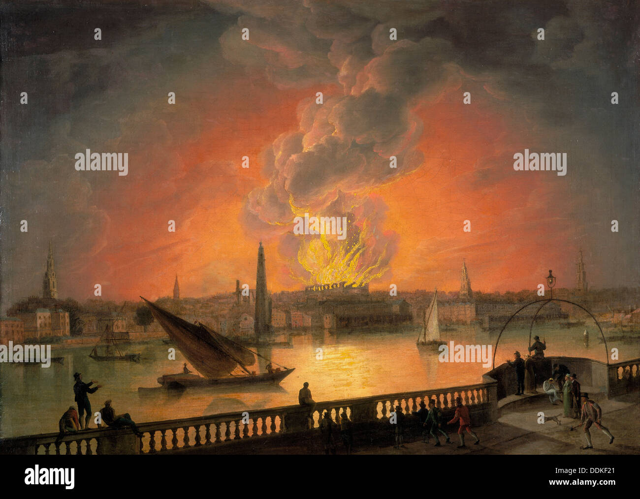 'The Burning of Drury Lane Theatre from Westminster Bridge', c1809. Artist: Thomas Luny Stock Photo