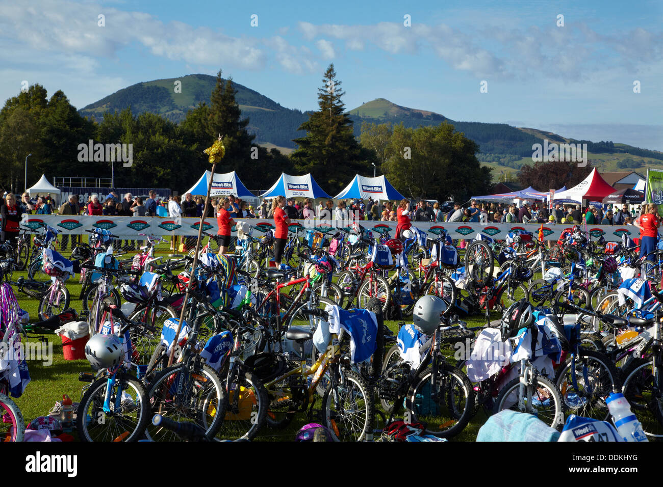Cycles lined up at children's triathlon, Mosgiel, Dunedin, Otago, South Island, New Zealand Stock Photo