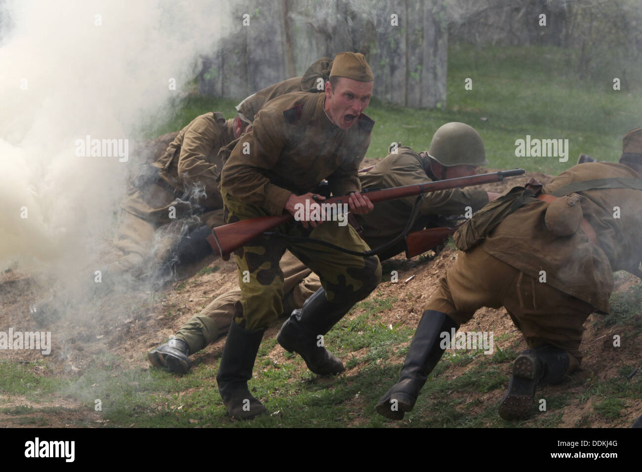 Reenactment of the Battle at Orechov. The 68th anniversary of the end of World War II in Orechov, Czech Republic. Stock Photo