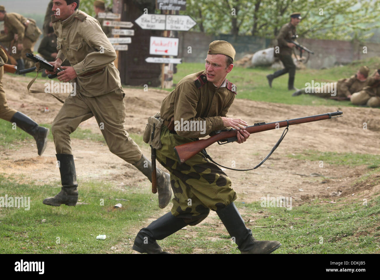 Reenactment of the Battle at Orechov. The 68th anniversary of the end of World War II in Orechov, Czech Republic. Stock Photo