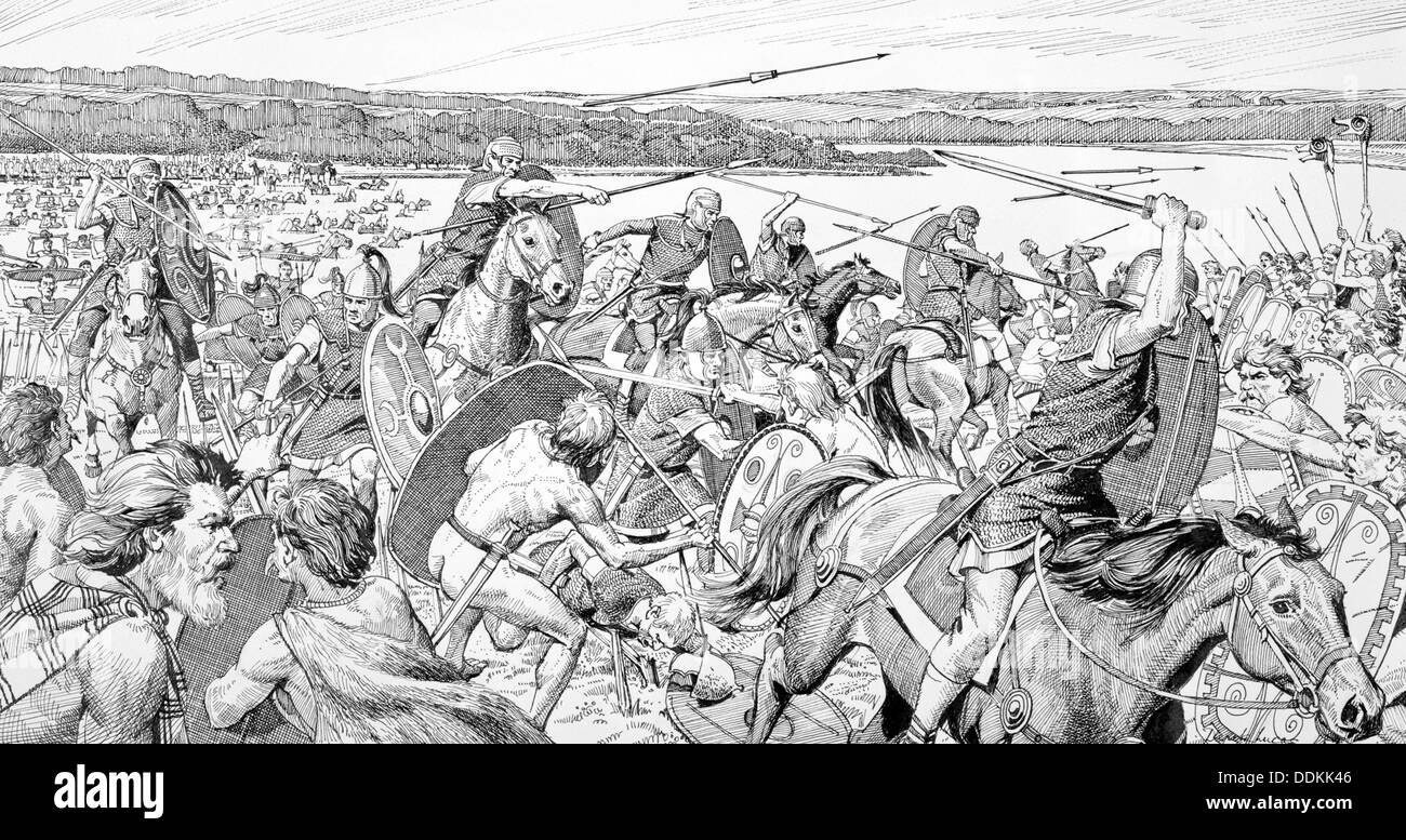 Caesar's army on a battle across the Thames, 54 BC. Artist: Derek Lucas Stock Photo