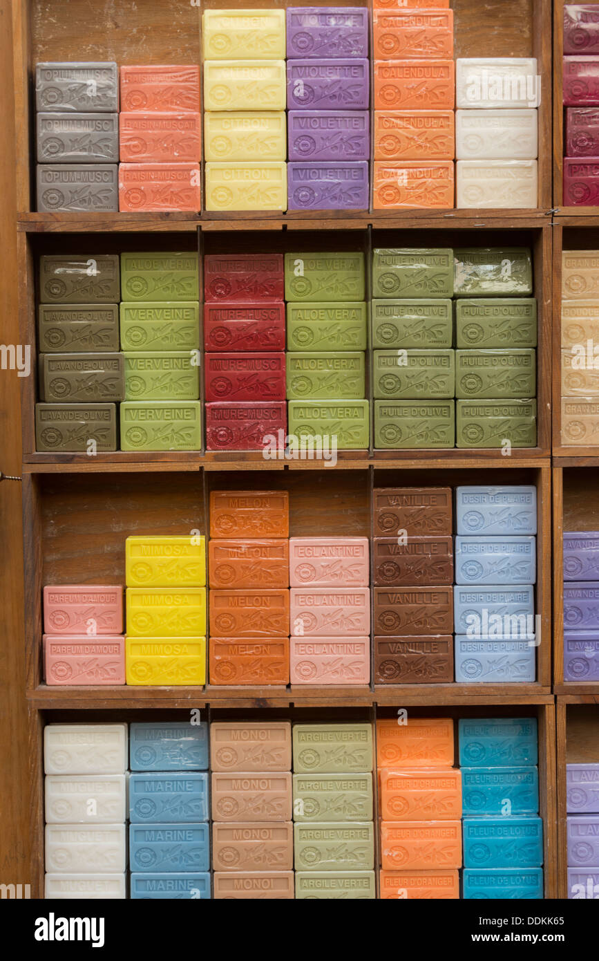 Marseille soaps on display in Arlès, France Stock Photo