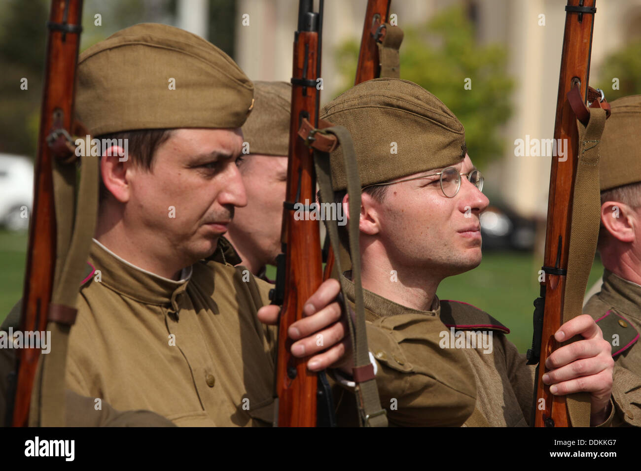Re-enactors dressed as Soviet soldiers attend a ceremony at the cemetery in Orechov, Czech Republic. Stock Photo