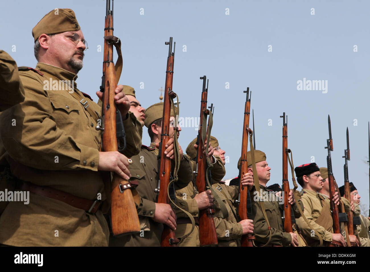 Re-enactors dressed as Soviet soldiers attend a ceremony at the cemetery in Orechov, Czech Republic. Stock Photo
