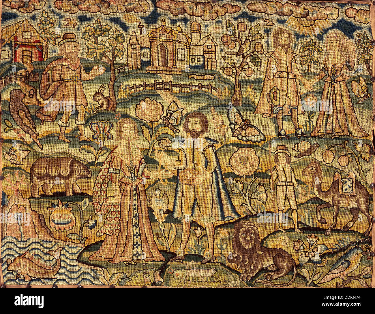 Embroidery panel showing people, flowers, insects, fish and animals, 17th century. Artist: Unknown Stock Photo