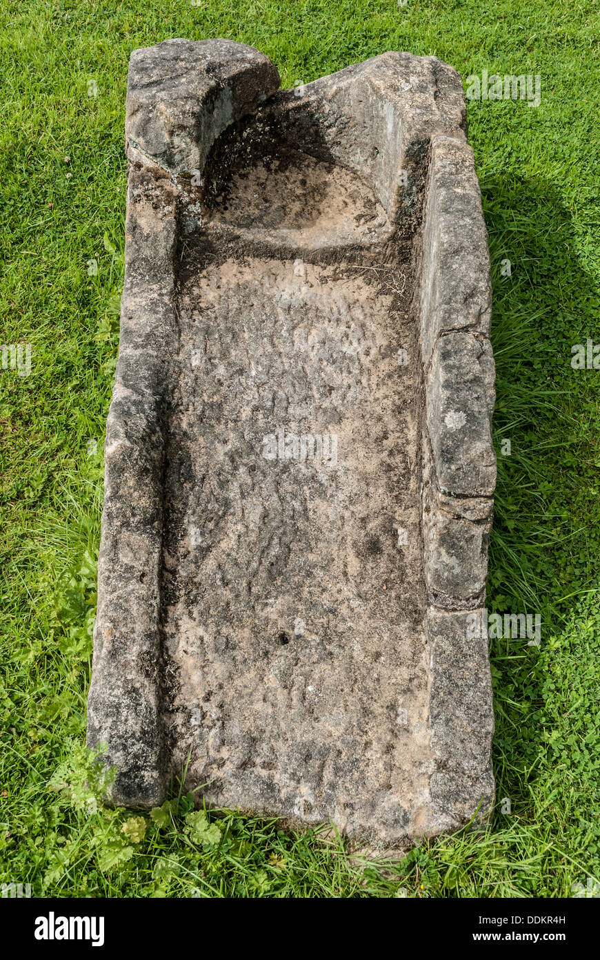 Monastic stone coffin found at Norton Priory, Cheshire. Stock Photo