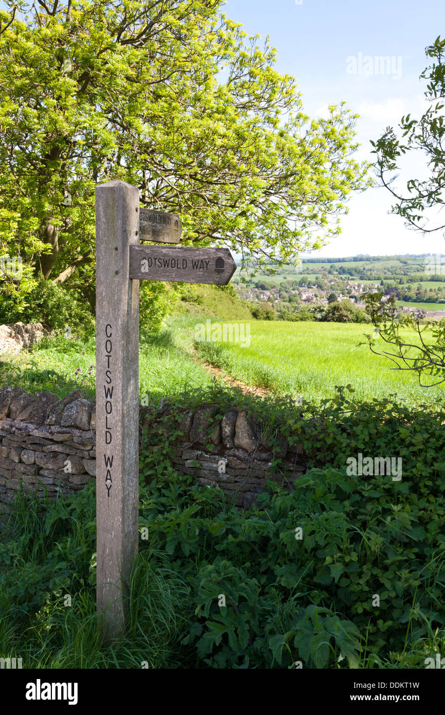 The Cotswold Way National Trail on the hills above the Cotswold town of