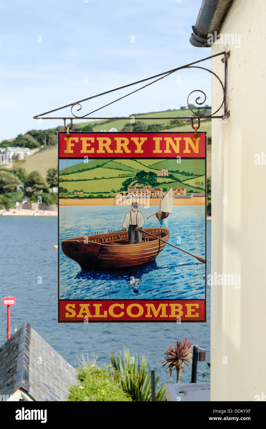 Hanging sign for the Ferry Inn pub in Salcombe, Devon Stock Photo