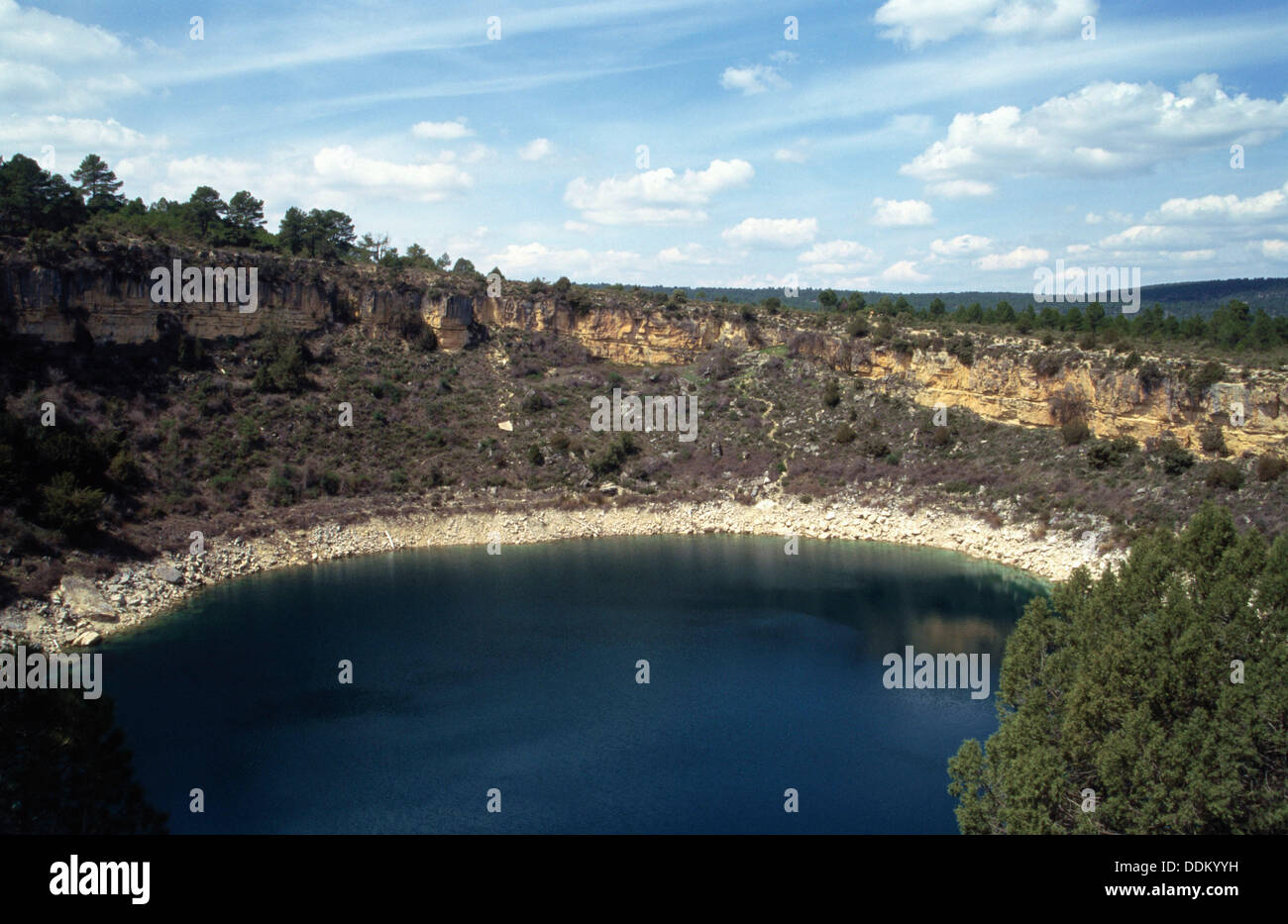 Circular water filled depressions formed by the collapse of overlaying stratum. Torcas de Palancares. Cuenca province. Castilla Stock Photo