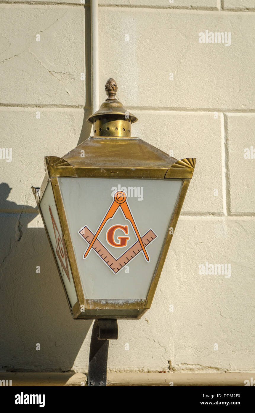 Masonic Lodge sign on overhead door light in Niagara-on-the-lake, Ontario, Canada. Stock Photo