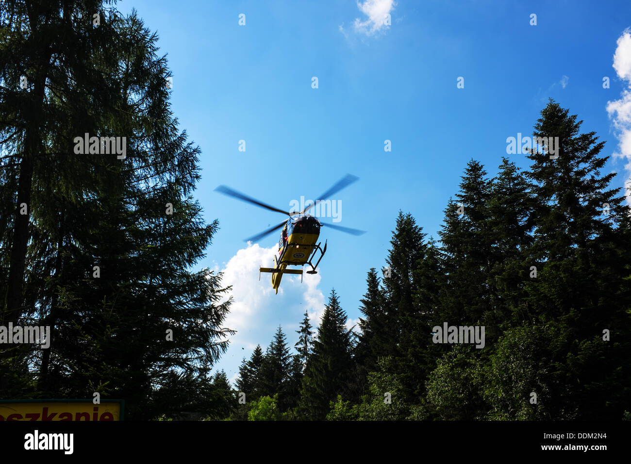 Rescue helicopter in mountains, Beskid, Poland Stock Photo