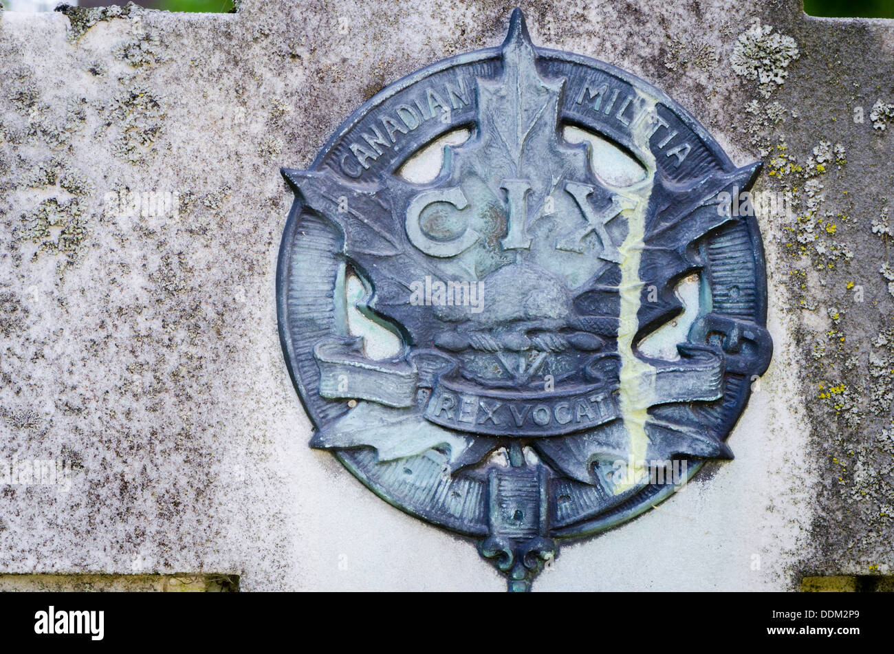 109th Canadian Militia Cap badge affixed to a gravestone Niagara-on-the-Lake, Ontario, Canada. Stock Photo