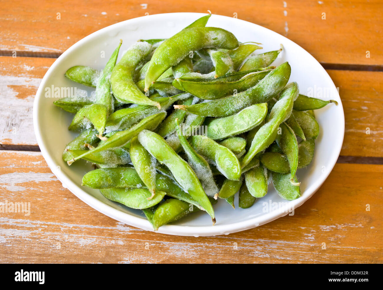 green Japanese soybean on wood background Stock Photo Alamy
